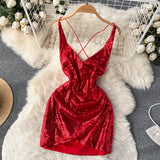 Sexy Spaghetti Straps Backless Short Sequin Dress Women Holiday Dress HZ1022