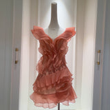 Qtevry Pavilion Lila 2025 Summer New Orange Pink Temperament V Collar Short Slim Slim Dress Dress Dress 69325