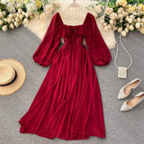 A line square neckline long sleeves chiffon dress women's dress HZ1022