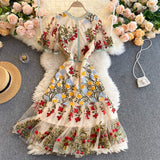 Vintage A line short sleeves floral dress women's dress HZ1022