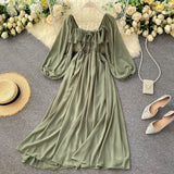 A line square neckline long sleeves chiffon dress women's dress HZ1022