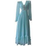 French Sweet V-Necked Long-Sleeved A-Dress Femininity High-Waist Hollow Thin Dress Summer Fashion 69157