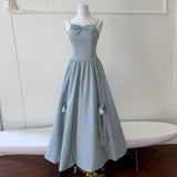 Qtevry Lila 2025 Early Autumn New Twilight Blue Plasts Sling Sling With Bow Bows Long Dress 69438