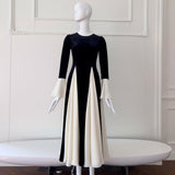 Qtevry Purchase Price] Black And White Colliding Color Splicing Long Dress Elegant Waist Dress Big Swing Dress 68876