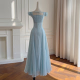 French Small Flying Sleeve Dress Women Summer Blue Seaside Holiday Feeling Waist A Word Temperament Long Dress Women 69155