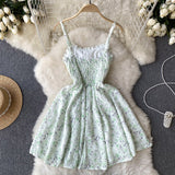 Cute Straps Mint Green Short Floral Dress Women Holiday Dress HZ1022