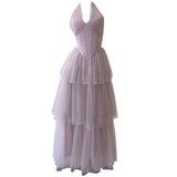 Qtevry Wave Embroidery Velvet Net Dress Bare Back Hanging Neck Dress Pony Braid Cake Dress 69113