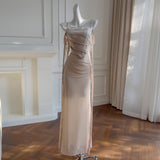 French Knitted Elastic Net Dress Bead Chain Ribbon Temperament Bag Fishtail Dress Hanging Dress 69310