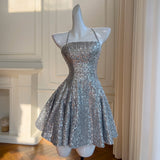 Qtevry 2025 Spring And Summer New Silver Short Sling To Collect Waist Thin Temperament Dress Dress Dress 69008