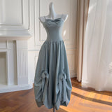 Qtevry Lila 2025 Early Autumn New Twilight Blue Plasts Sling Sling With Bow Bows Long Dress 69438