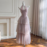 Qtevry Wave Embroidery Velvet Net Dress Bare Back Hanging Neck Dress Pony Braid Cake Dress 69113