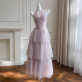 Qtevry Wave Embroidery Velvet Net Dress Bare Back Hanging Neck Dress Pony Braid Cake Dress 69113