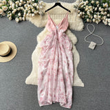 Sexy V-neck backless dress female ink painting new suspenders irregular holiday dress HZ1022