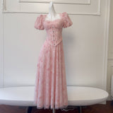 French Retro Court Style Collar Bubble Sleeve Princess Dress Light Folded Lace Sling Skirt Two-Piece Set 69557