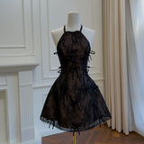 Qtevry Vintage Leaster Lace Bow Spliced Hanging Neck Sleeveless Dress Birthday Party Dress Dress 69574