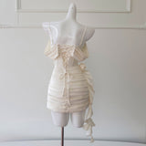 French Light Luxury Style Beige Sling Tromect Fish Bone Temperament Waist Thin Dress Dress Dress 69025