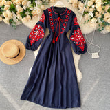 Bohemian Embroidered Round Neck Balloon Sleeve Women Dress HZ1022