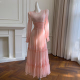 Qtevry Price] French Famous Style Cake Dress Perspective Long-Sleeved Net Yarn Leaf Side Dress Dress 69077