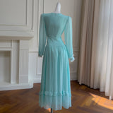 French Sweet V-Necked Long-Sleeved A-Dress Femininity High-Waist Hollow Thin Dress Summer Fashion 69157