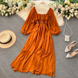A line square neckline long sleeves chiffon dress women's dress HZ1022