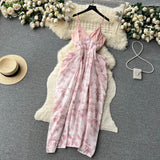 Sexy V-neck backless dress female ink painting new suspenders irregular holiday dress HZ1022