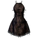 Qtevry Vintage Leaster Lace Bow Spliced Hanging Neck Sleeveless Dress Birthday Party Dress Dress 69574