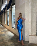Sexy Mermaid Halter Royal Blue Slit Long Prom Dresses HZ1022