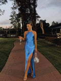 Sexy Mermaid Royal Blue Slit Long Prom Dresses HZ1022