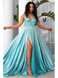Sexy A line Backless Blue Slit Long Prom Dresses HZ1022