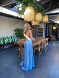 Sexy A line Backless Blue Slit Long Prom Dresses HZ1022