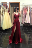 A line Straps Burgundy Satin Slit Long Prom Dresses HZ1022