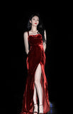Sexy Mermaid Burgundy Velvet Long Slit Prom Dresses HZ1022