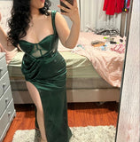 Sexy Mermaid Dark Green Velvet Long Slit Prom Dresses HZ1022