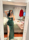 Sexy Mermaid Dark Green Velvet Long Slit Prom Dresses HZ1022