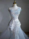 Vintage Mermaid Long Sleeves Sequin Long White Wedding Dresses HZ1022