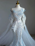 Vintage Mermaid Long Sleeves Sequin Long White Wedding Dresses HZ1022