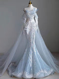 Vintage Mermaid Long Sleeves Sequin Long White Wedding Dresses HZ1022