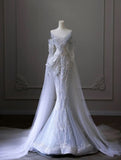 Vintage Mermaid Long Sleeves Sequin Long White Wedding Dresses HZ1022