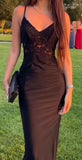 Sheath/Column Elastic Woven Satin Applique V-neck Sleeveless Black Prom Dress HZ1022