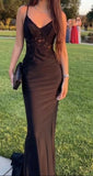 Sheath/Column Elastic Woven Satin Applique V-neck Sleeveless Black Prom Dress HZ1022