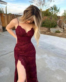 Burgundy Long Mermaid Prom Dresses Leg Split Formal Evening Dress HZ1022