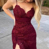 Burgundy Long Mermaid Prom Dresses Leg Split Formal Evening Dress HZ1022