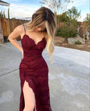 Burgundy Long Mermaid Prom Dresses Leg Split Formal Evening Dress HZ1022
