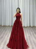 Burgundy Prom Dresses A line Halter Tulle Evening Dresses HZ1022