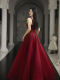 Burgundy Prom Dresses A line Straps Tulle Evening Dresses HZ1022