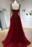 Burgundy Prom Dresses A line Straps Tulle Evening Dresses HZ1022
