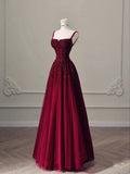 Burgundy Prom Dresses A line Straps Tulle Evening Dresses HZ1022