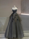 Ball Gown Straps Gray Tulle Long Prom Dress Evening Dresses HZ1022