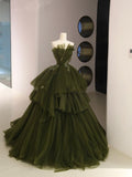 Ball Gown Strapless Tulle Long Green Prom Dress Evening Dresses HZ1022