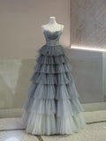 Ball Gown Strapless Tulle Long Gray Prom Dress Evening Dresses HZ1022